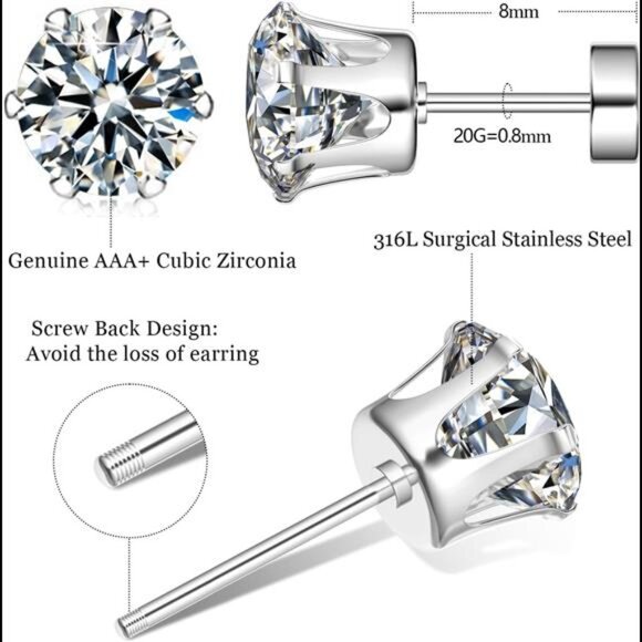 Hypoallergenic Flat Back Earrings,8Pairs Stainless Steel Earrings Surgical Steel - Picture 3 of 7